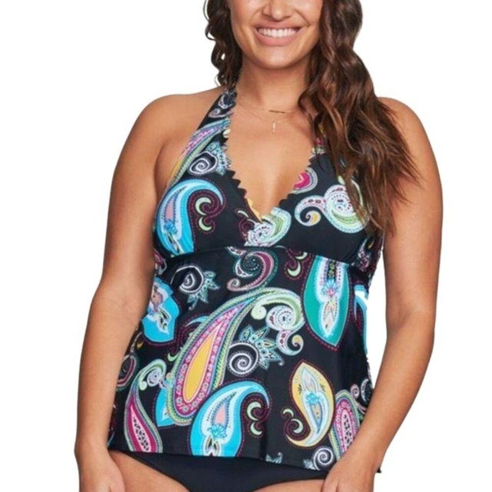 Mazu Swim Floral Paisley Halter Tankini Skirt Swim Suit Plus Size 24W